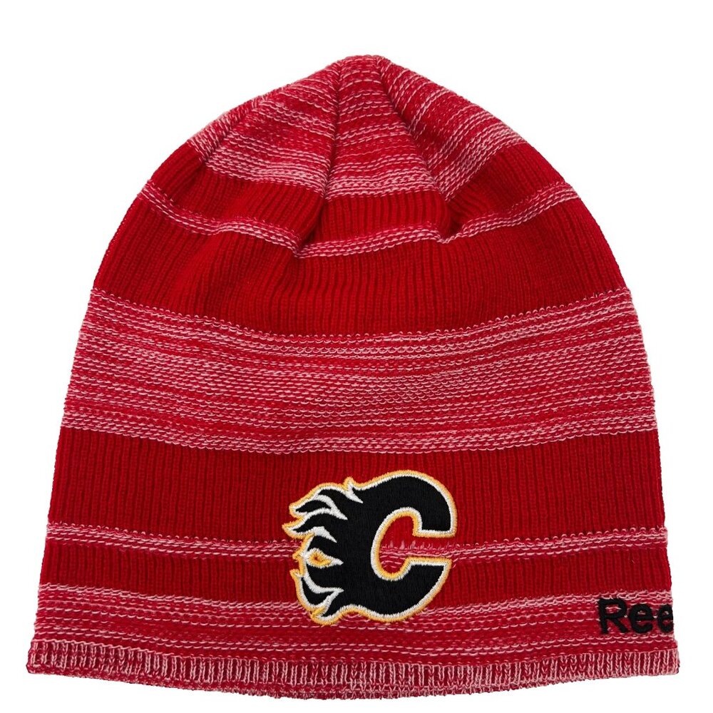 Reebok Unisex OSFA Red‎ Striped Knit Calgary Flames NHL Hockey Logo Beanie Hat
